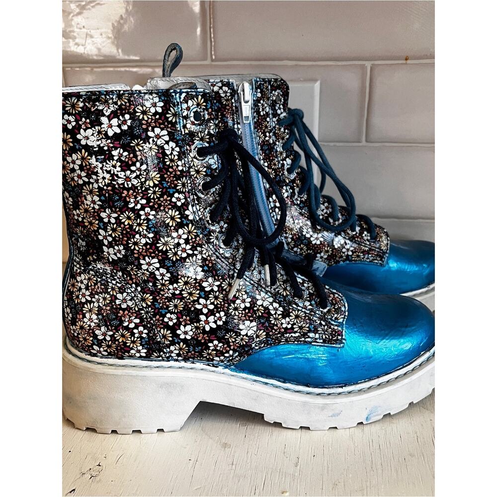 Unique Upcycled Combat Platform Heel Boot Size 7.5 Custom Foil Floral Two Tone - Picture 6 of 12